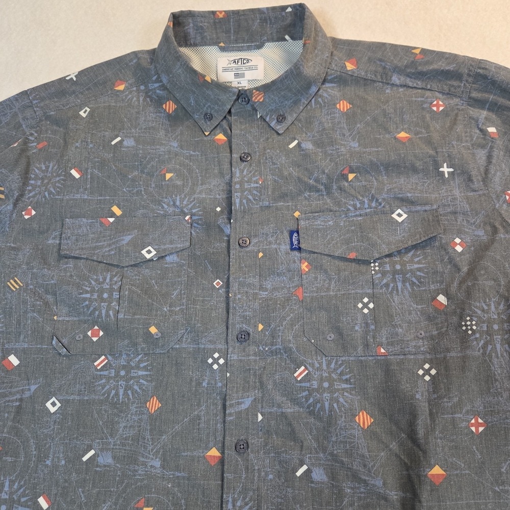Aftco Shirt Mens XL Short Sleeve Vented Gray Nautical Print Flap Pocket Camp - Picture 2 of 11